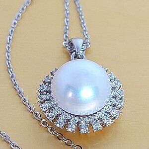 Natural Round Pearl 11mm & Cz 925 Sterling Silver‎ Necklace 18"